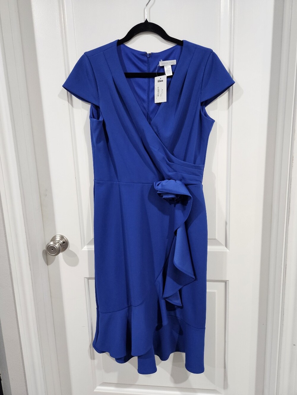 London Times Cobalt Blue Midi Dress with Ruffle Flower Accent